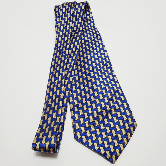 Pierre Balmain Necktie Blue & Gold Geometric Silk Neck Tie Jacquard Fabr… - Picture 2 of 5